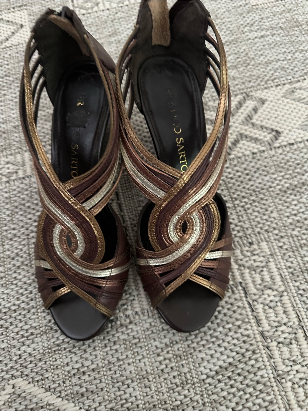Franco Sarto Brown and Gold Strappy Wedge Sandals